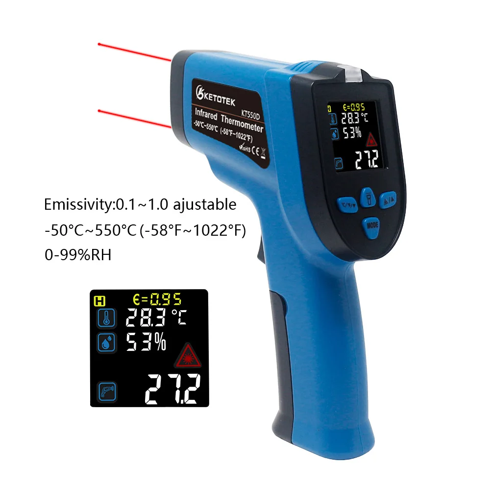 Ketotek Termometer IR Infrardeči Laser Temperature LCD Pyrometer z Alarmno Napravo Vlažnost Higrometer Meter Ne za Človeško