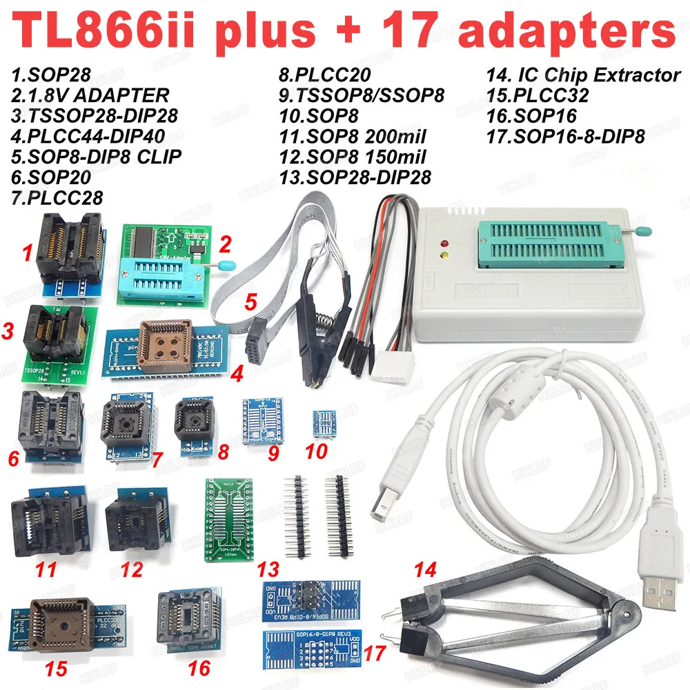 XGECU Original TL866II Plus Univerzalen Programer+17 Adapterji+SOP8 IC Posnetek Visoke hitrosti TL866 Flash EPROM Programer