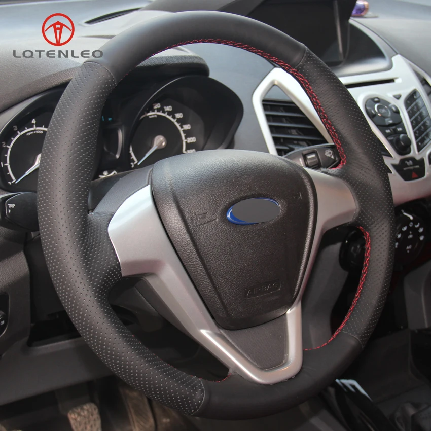 LQTENLEO Black Pravega Usnja, Ročno Šivanje Avto Volan Kritje Za Ford Fiesta 2008-2013 Ecosport 2013-2016