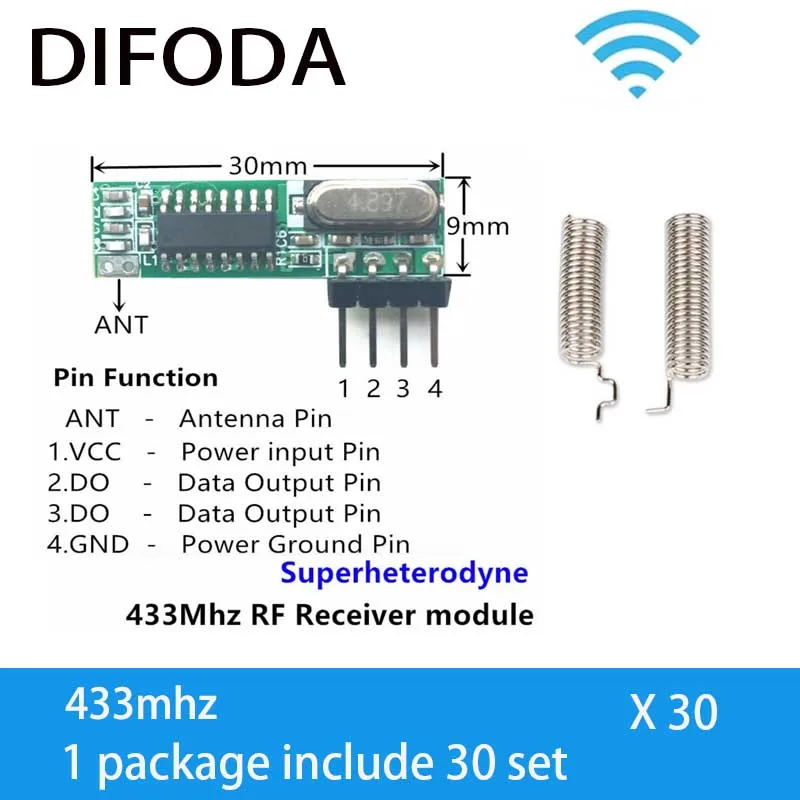 30 set 433 Mhz rf-modul Nadgrajeno Fvr WL101-341 Superheterodyne 433 mhz Brezžični Sprejemnik Modul in 2 * Antena DIFODA