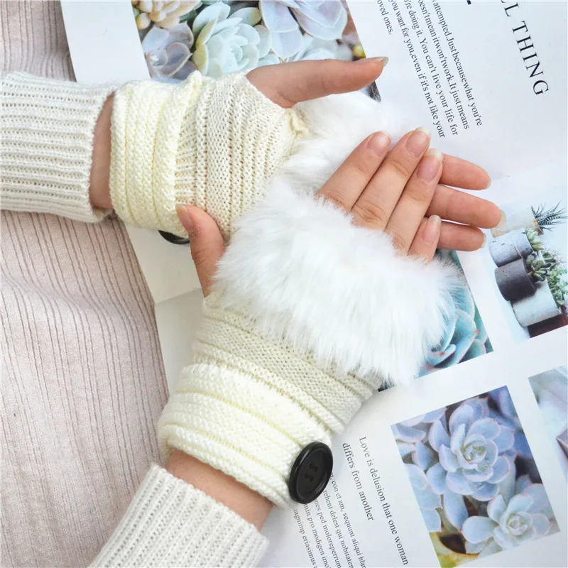 Pletene toplo gumb pol-prst rokavice zimske kolesarske imitacije zajec krzno, toplo, brez prstov, pletene rokavice ženske