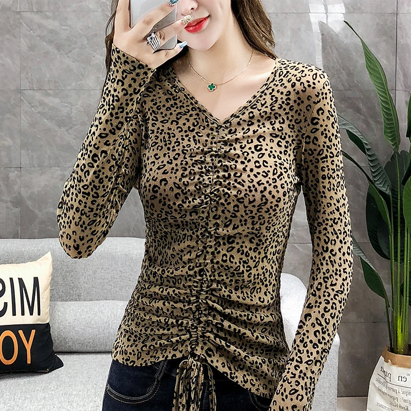 Jeseni, Pozimi Evropske Oblačila T-Shirt Fashion Sexy Leopard Tiskanja Ženske Dolg Rokav Čipke Vrhovi Priložnostne Dno Tees Novo T08911L