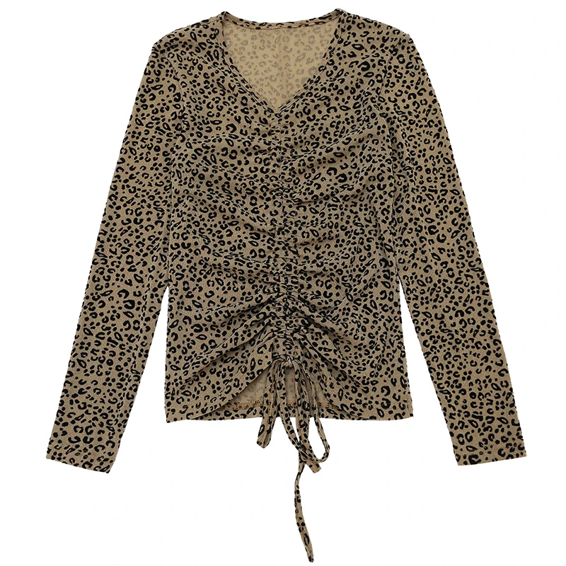 Jeseni, Pozimi Evropske Oblačila T-Shirt Fashion Sexy Leopard Tiskanja Ženske Dolg Rokav Čipke Vrhovi Priložnostne Dno Tees Novo T08911L