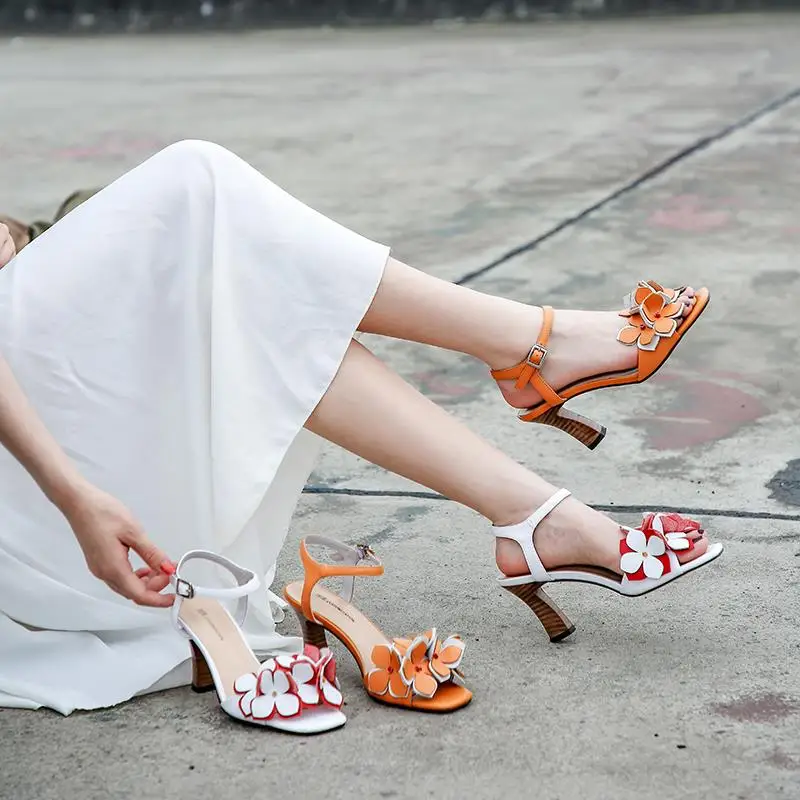 MORAZORA 2020 Nove Originalne usnjene Čevlje ženska poletni čevlji cvetje sponke visoke pete sandala ženske ženske stranka poročni čevlji