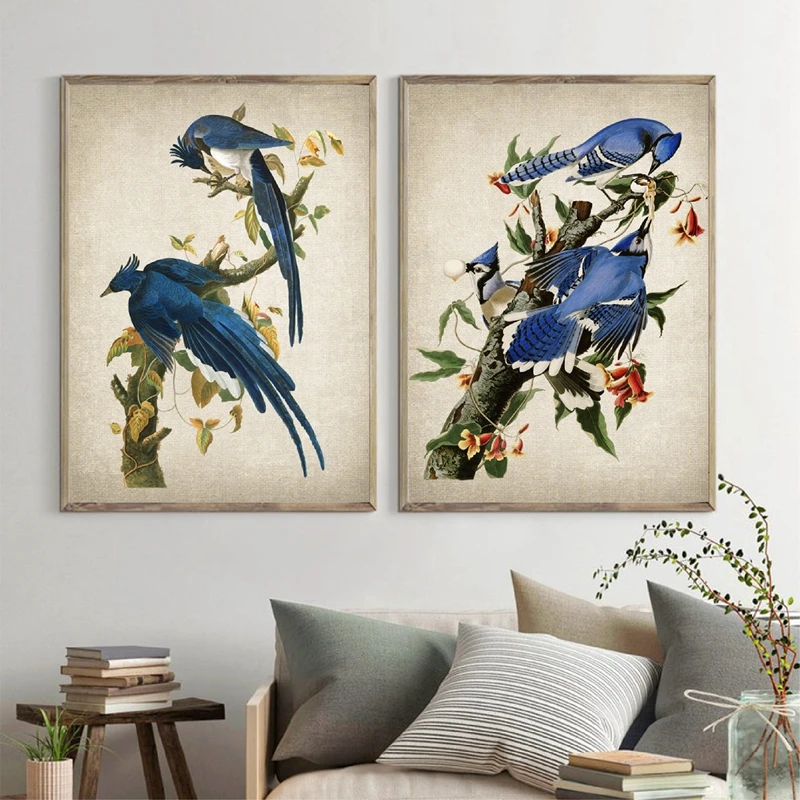 Trgatev Modre Ptice Vejo Čiščenje Perja Hranjenje Plakat Platno, Slikarstvo, Umetnost Tiskanje Slik, Dnevna Soba Dekoracijo Doma