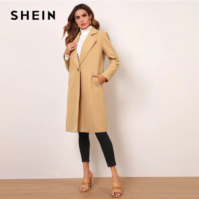 SHEIN Kamele River Vratu Trdna Plašč Ženske 2020 Jeseni, Pozimi Dolg Rokav Eleganten Minimalističen Outwear Priložnostne Dolgo Coats