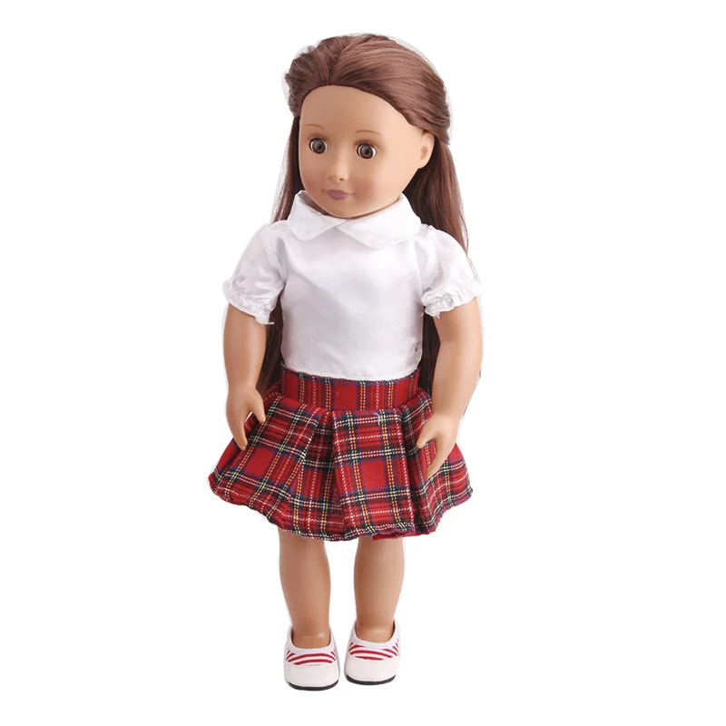 18 inch Dekleta lutka Obleko Belo srajco + rdeča tartan krilo Ameriški novorojenčka obleko Otroške igrače fit 43 cm baby doll c40