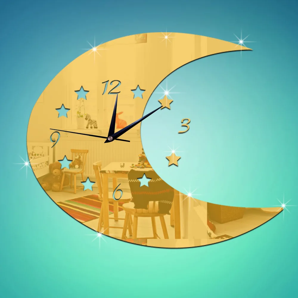 Sodobno Oblikovanje Ogledalo Ura Luna Zvezde Okrogle Stenske Nalepke Home Decor Art Nalepko Akril Srebro relogio parede projekcija ure