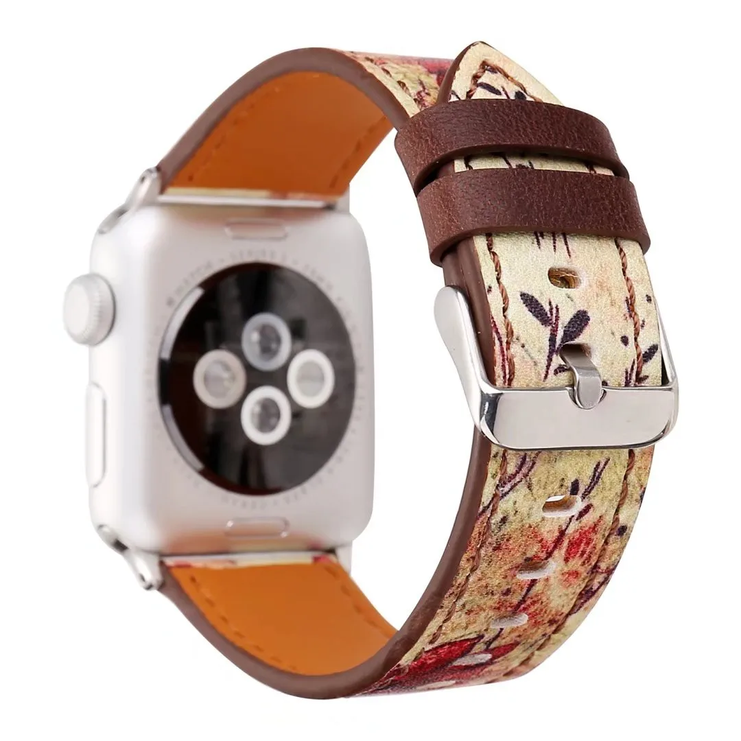 Cvjetnim Tiskanja Usnjeni Trak Za Apple Watch Band 42/44 38/40 mm Serija 1 2 3 4 Retro Žig Glasbeno noto Zapestnice Za iWatch
