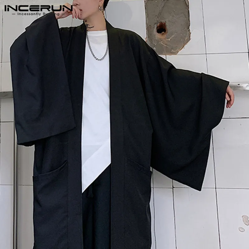 INCERUN Moških Črno Jopico Majica Priložnostne Odprite Šiv Outwear Človek Jarek z Dolgimi Rokavi, Dolge Plašče Moda Japonski Slog Yukata Vrhovi
