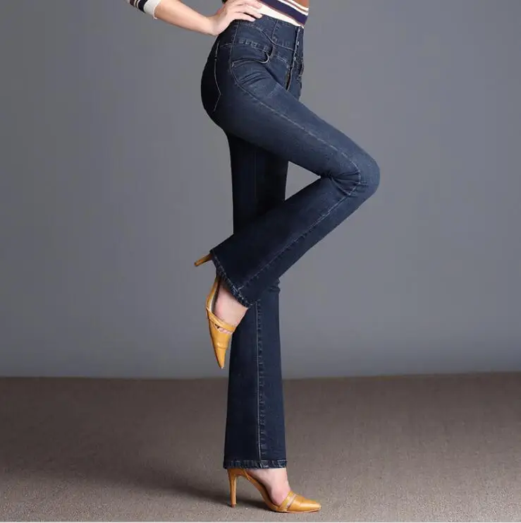 Moda Gumb Priložnostne Visoko Pasu Bell Dnu Skinny Kavbojke Ženske Slim Celotno Dolžino Elastičnega Jeansa Hlače Flare