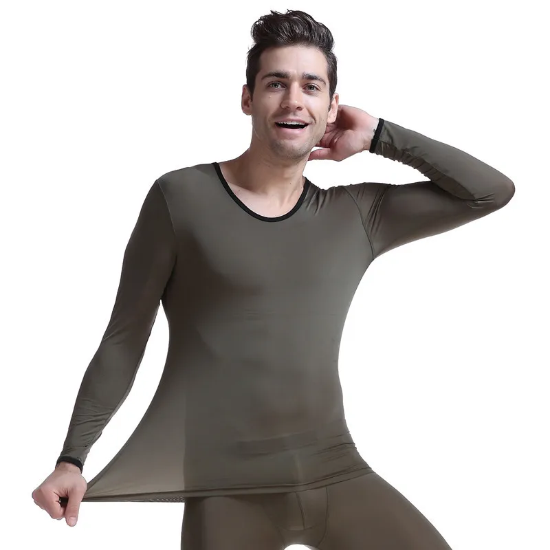 KWAN.Z termično spodnje perilo, ultra-tanek prosojen svilnato pižamo top moški termovko perilo O vratu dolge johns stiskanje, spodnje perilo