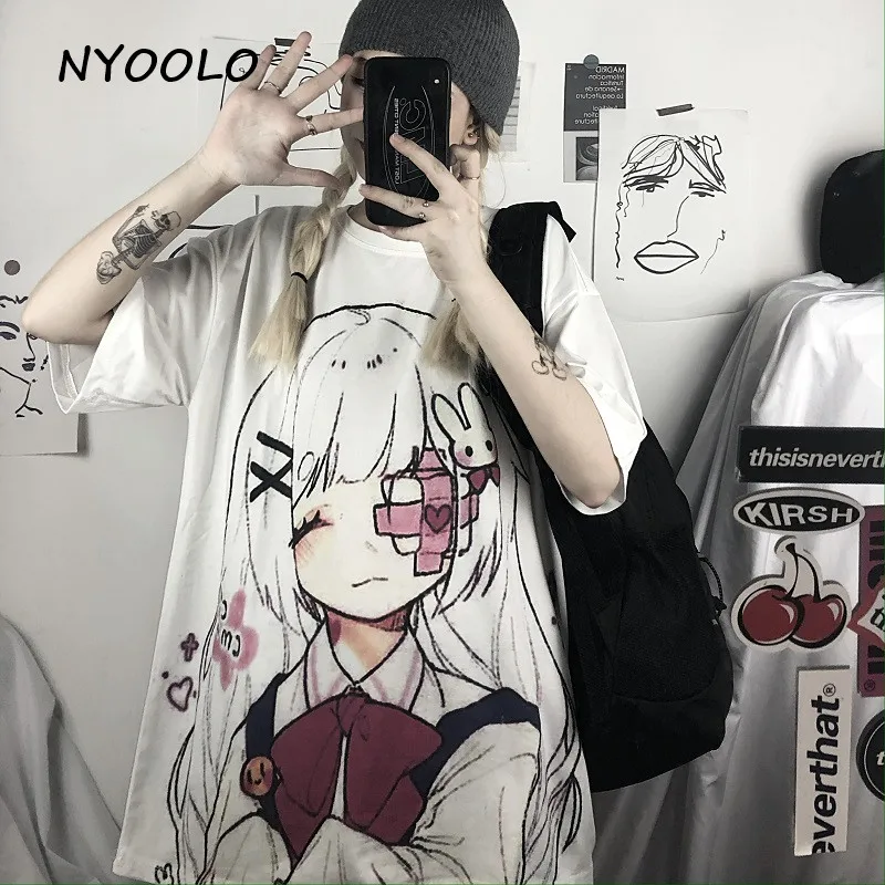 NYOOLO Harajuku Letnik risanka pogreb dekle natisniti t-shirt kratek rokav ženske obleke Poletje svoboden O-vratu bela tee shirt vrhovi