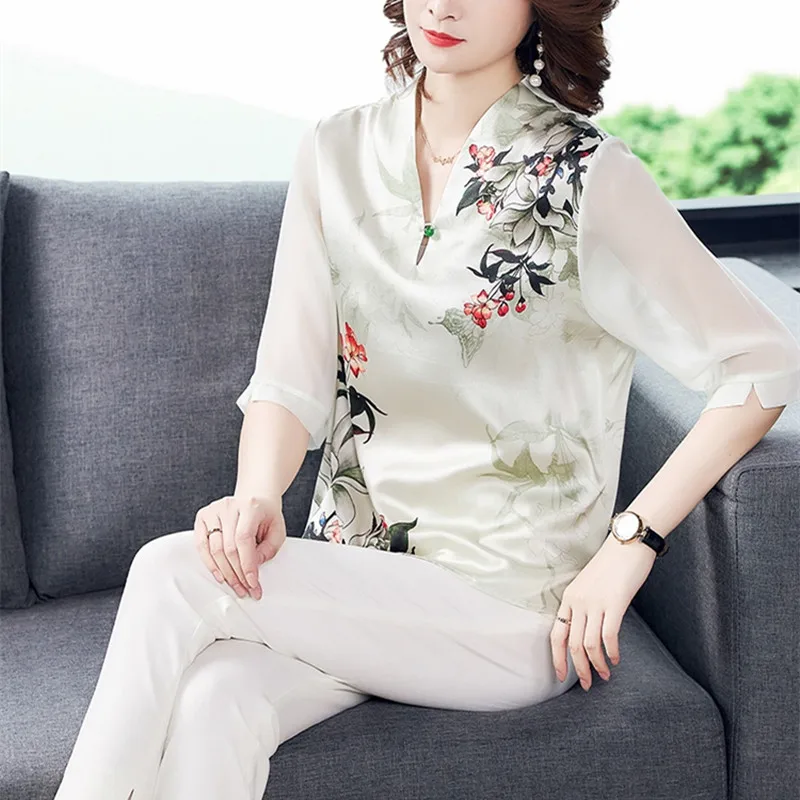 Korejski Svile Ženske Bluze Majica Ženska Svileno Srajco Vrhovi Plus Velikost Elegantna Ženska Cvetlični Bluzo Majice Ženske Saten Tiskanja Bluzo Vrh