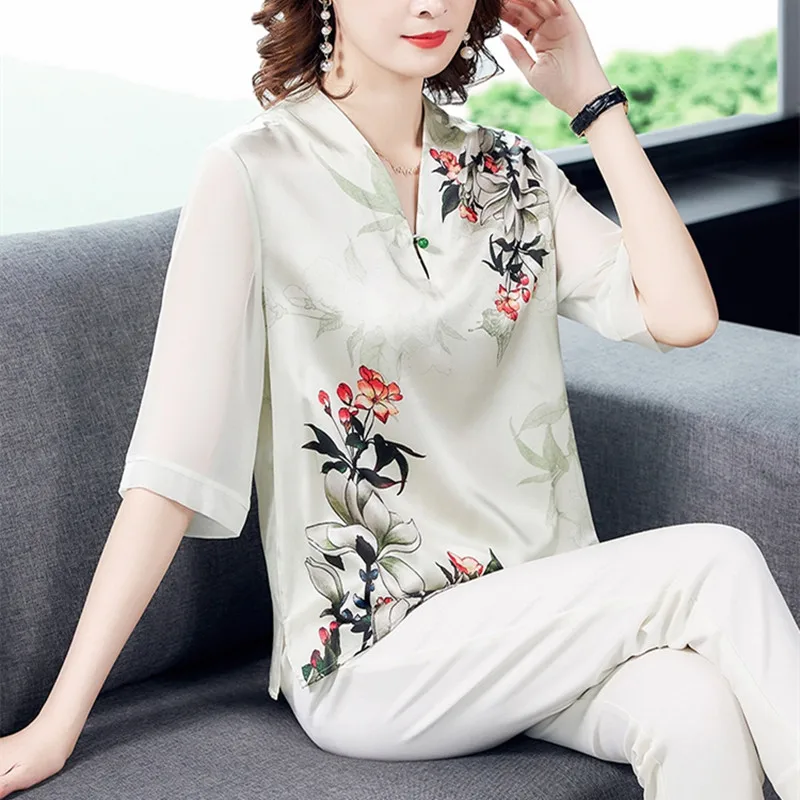 Korejski Svile Ženske Bluze Majica Ženska Svileno Srajco Vrhovi Plus Velikost Elegantna Ženska Cvetlični Bluzo Majice Ženske Saten Tiskanja Bluzo Vrh