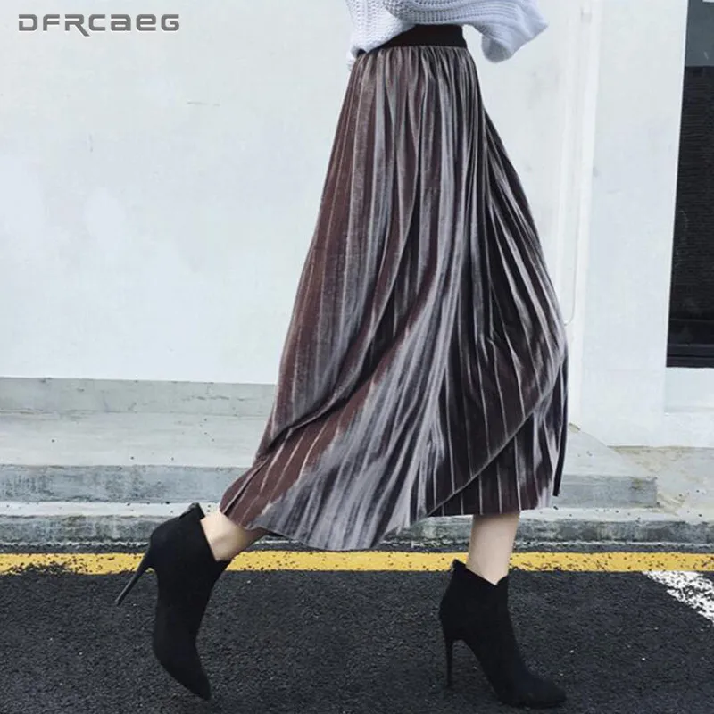Vintage Velur Ženska Dolgo Naguban Krila Jeseni, Pozimi 2019 Ulične Mode Visoko Elastični Pas Saia Longa Ženski 10 Barv