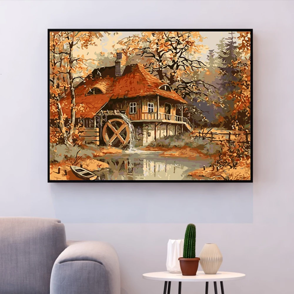 HUACAN Slike S Številkami Hiša Krajine Risba, Akril, Platno Slikarstvo Jeseni Za Odrasle Wall Art DIY Doma Dekor