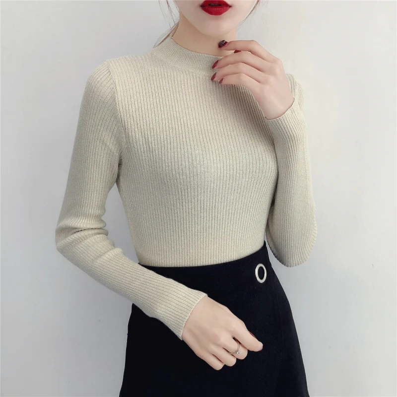 2020 Jeseni, Pozimi Osnovne Plesti Pulover Priložnostne Moda Slim Svetlo Svileno O-Vratu Ženski Puloverji Korejskem Slogu Roza Top Femme
