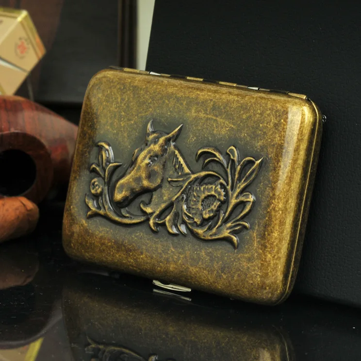 Retro Kovinski Cigaret Primeru Box - Zlati konj Vzmetne Sponke Odprto Žep, Držalo za 16 Cigaret (Zlati) Moške Pripomoček