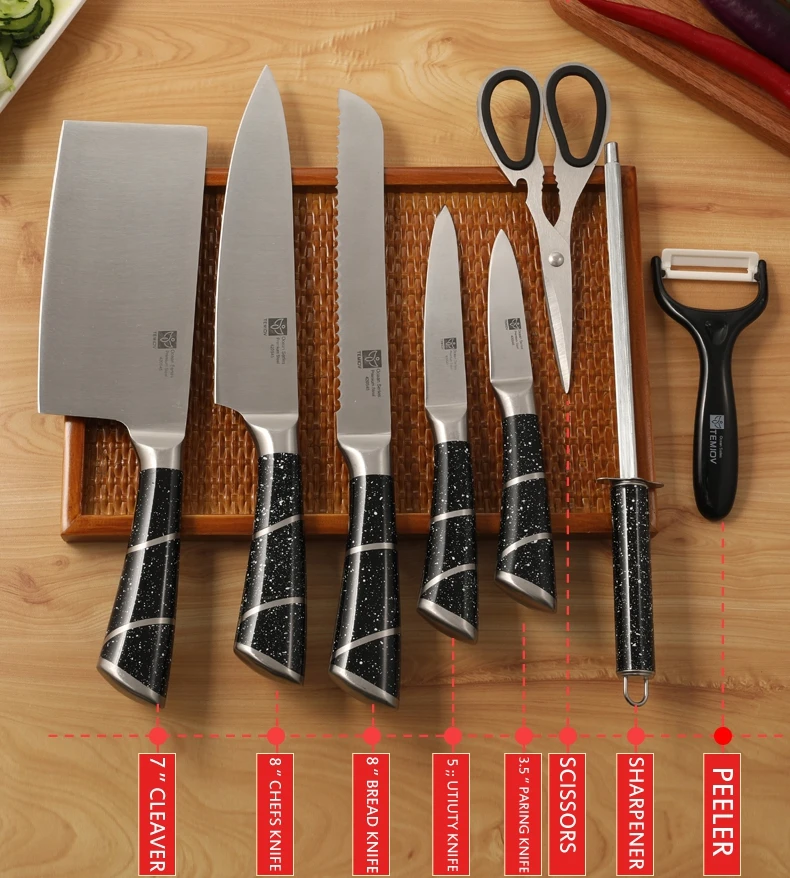8PCS Kuhinjski Nož Določa Japonsko 440C Visoko vsebnostjo Ogljika iz Nerjavečega Jekla Pripomoček Cleaver Kruh Kuhar Noži Kuhinja Bar Kuhanje Orodja