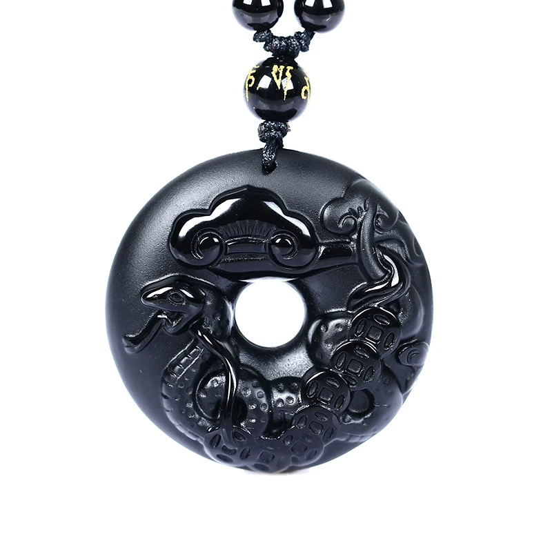 Naravni Črni Obsidian Kroglice Ogrlica Ročno Izrezljane Nebesno Kača Varnost Gumb Jade Obesek, Čar, Moda Nakit Amulet Darila