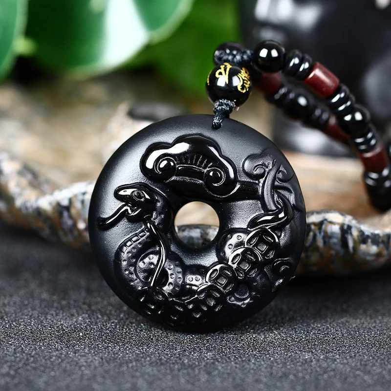 Naravni Črni Obsidian Kroglice Ogrlica Ročno Izrezljane Nebesno Kača Varnost Gumb Jade Obesek, Čar, Moda Nakit Amulet Darila