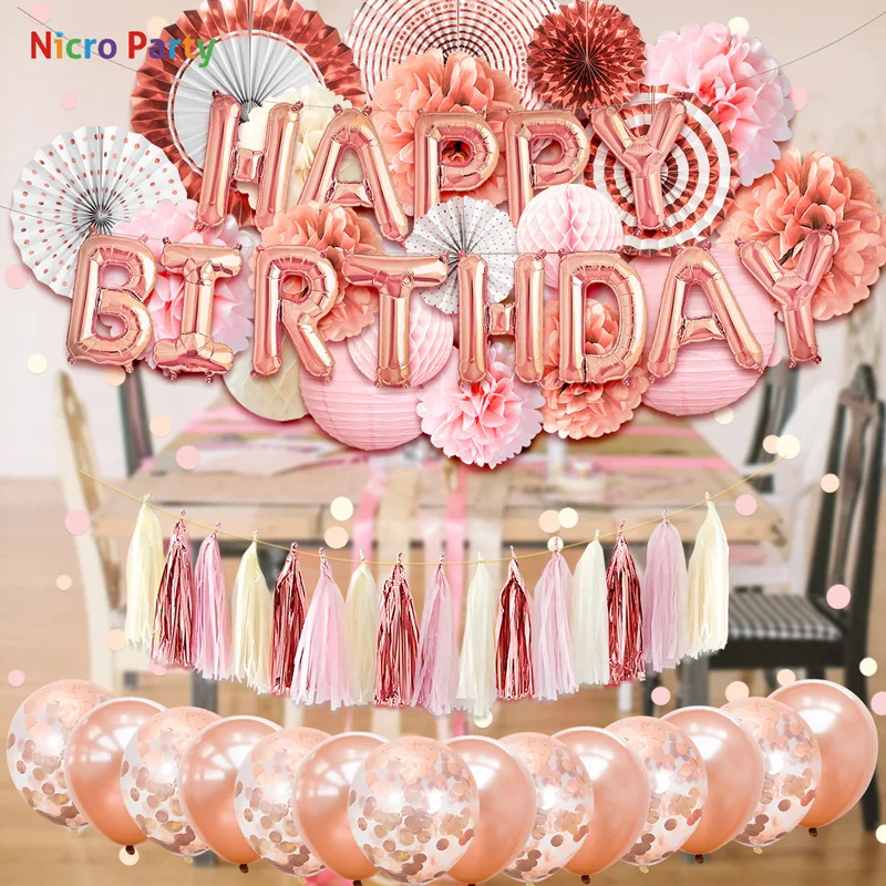 Nicro 62 kos/set Happy Birthday Party Okraski Kit Rose Zlata Luči Cvetje, Baloni Dom Novo Dekor DIY #Set94