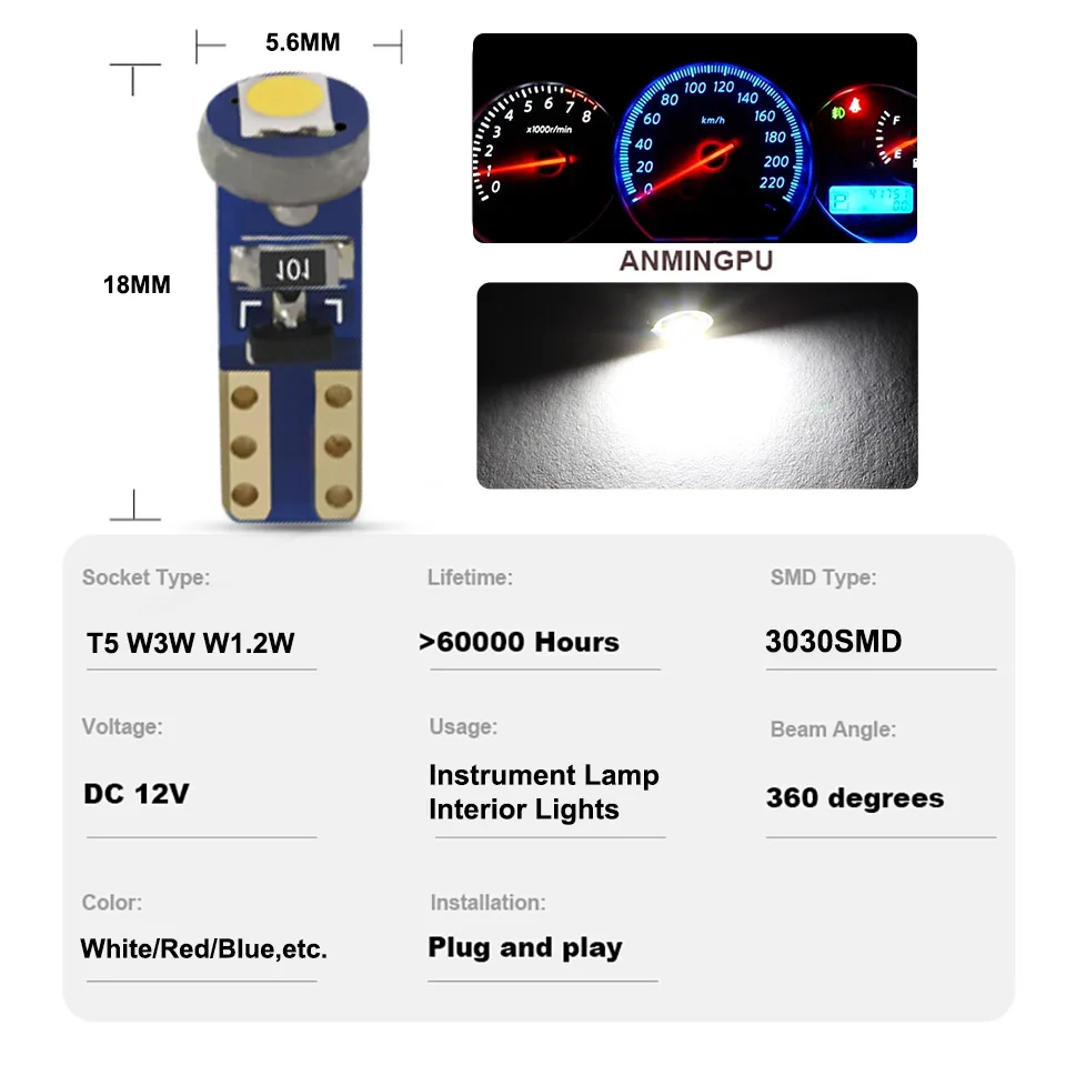 ANMINGPU 10x Signalna Svetilka T5 Led Žarnice W3W W1.2W 3030SMD W3W Canbus Avtomobilske Notranjosti Svetlobe Klin nadzorni Plošči Segrevanja Indikatorska Lučka 12V