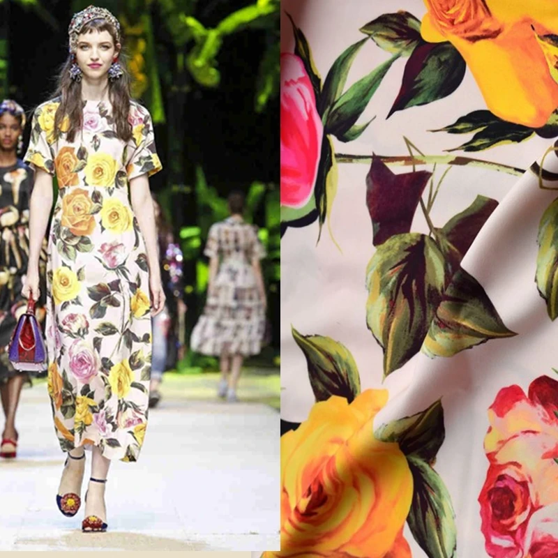 Vroče prodaje 2017 novo modno pomlad in poletje digital print rose saten krep, tkanina za obleko tissu au meter svetlo krpo DIY