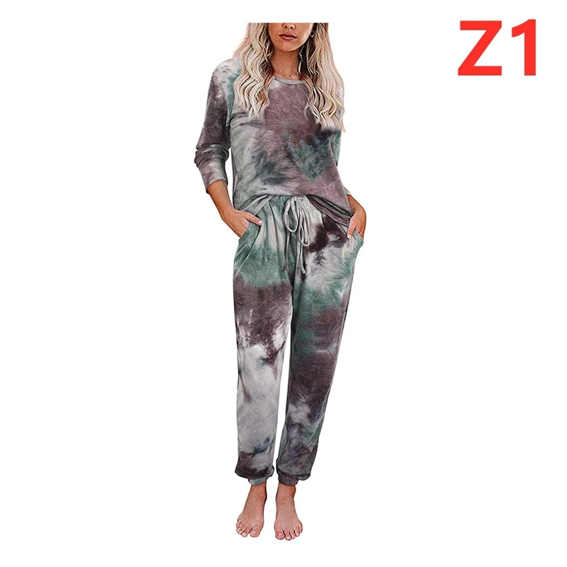 Jeseni, pozimi ženske tie-dye leopard tiskanja pižamo pletene čipke-up dolgo sleeved hlače priložnostne in udobno doma nastavite JJF0072