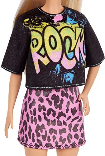 Barbie Fashionista blondinka lutka z rock T-shirt, Cheetah krilo in modni dodatki (Mattel GRB47)
