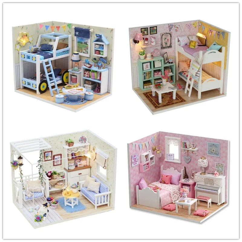 DIY Montaža Pohištva DollHouseKit Led Luči S Prahom Kritje 3d Lesene Miniaturne Hiše Doma Okraski za Božična Darila za Rojstni dan