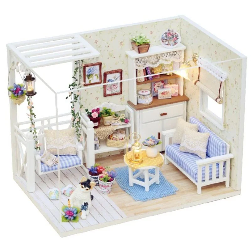 DIY Montaža Pohištva DollHouseKit Led Luči S Prahom Kritje 3d Lesene Miniaturne Hiše Doma Okraski za Božična Darila za Rojstni dan