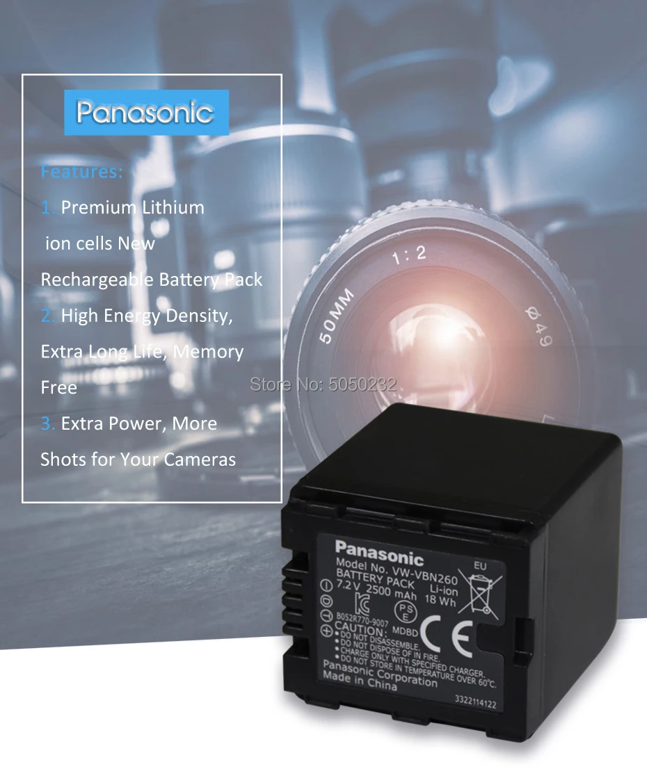 Panasonic VW-VBN260 7,2 v 2500mah Baterije za ponovno Polnjenje TM900 SD800 HS900 SD900 Digitalni Fotoaparat