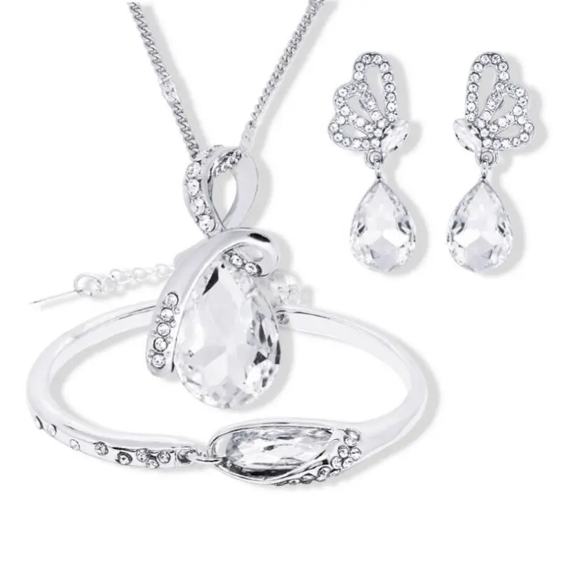 925 sterling srebrna ogrlica, uhani, zapestnica ženske, poroka / udejstvovanje, Fine nakit set beli kristalni obesek srce
