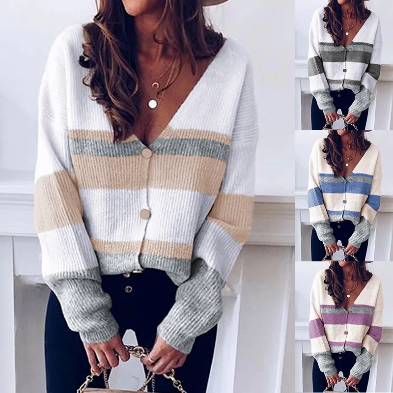 Barvne pletenine 2020 jesen/zima novo v ovratnik gumb črtasto sešijejo pulover jopico ženske padec moda