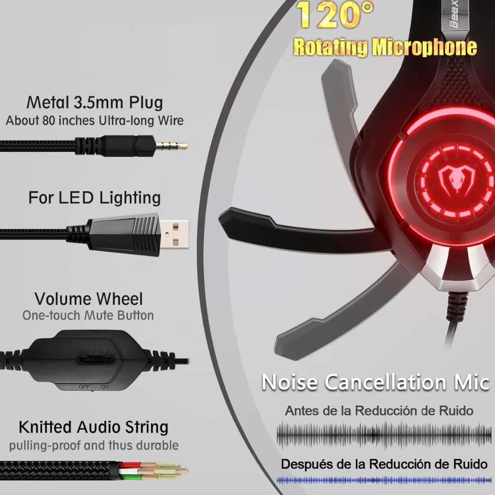 Beexcellent Stereo Gaming Slušalke Čelade Globok Bas Stereo Igra Slušalke z Mikrofonom LED Luč za PS4 Telefon, Prenosni RAČUNALNIK Gamer
