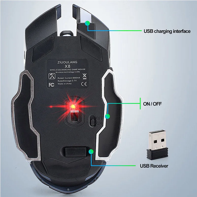 X8 Wireless Gaming Miška za ponovno Polnjenje Tiho LED Osvetljen USB Optični Ergonomska Gaming Miška LOL Miši Deskanje Igralec z Miško Za PC