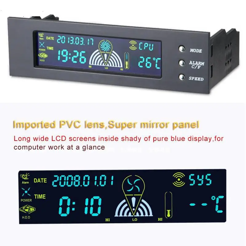 Spredaj LCD Panel Pasov 5,25 Palca Hitrost CPU Regulator Senzor Temperature PC Računalnik Ventilator Krmilnik Digitalni LCD Zaslon Za PC Namizje