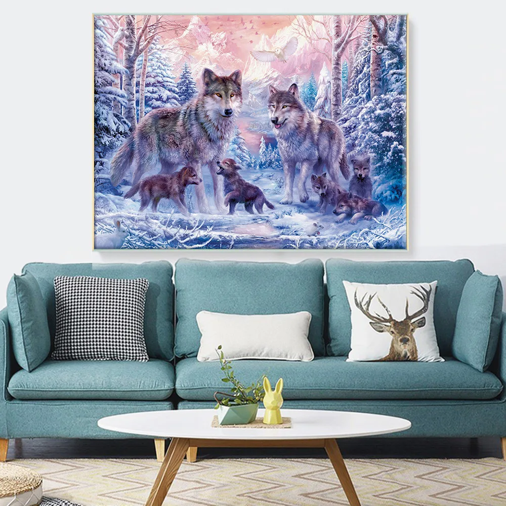 HUACAN Navzkrižno Šiv Vezenje Volk Živali Bombažno Nit Slikarstvo DIY Needlework Kompleti 14CT Zimsko Dekoracijo Doma