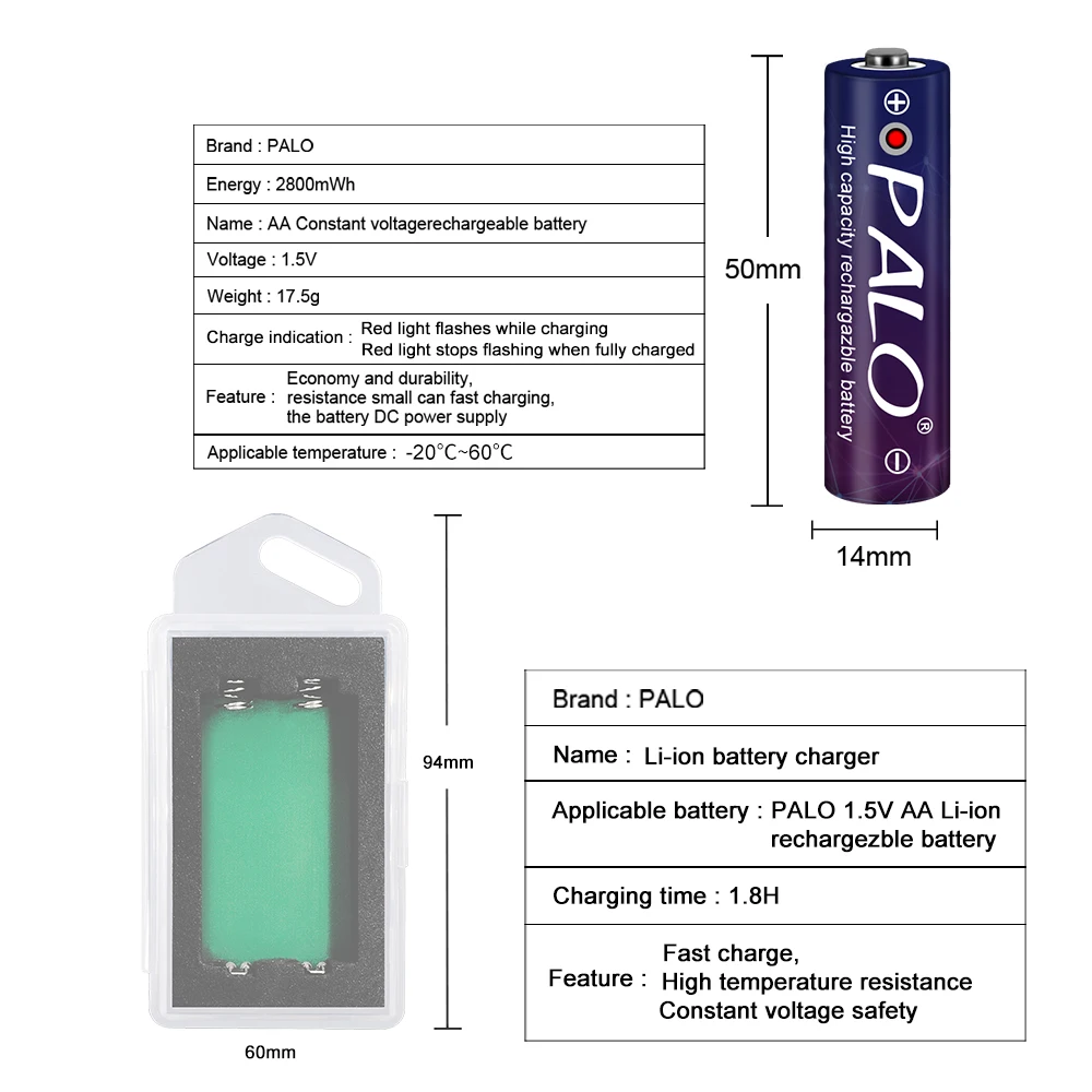 PALO 1,5 v AAA 900mWh 1,5 V AA 2800mWh Litij-Li-ion baterije AA AAA Polnilne Baterije + Baterija Primeru za AA AAA Baterije