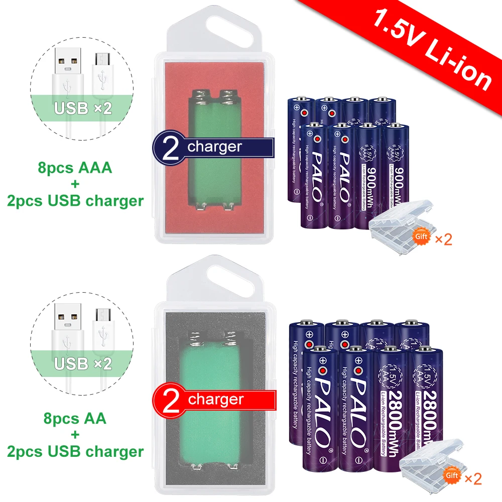 PALO 1,5 v AAA 900mWh 1,5 V AA 2800mWh Litij-Li-ion baterije AA AAA Polnilne Baterije + Baterija Primeru za AA AAA Baterije