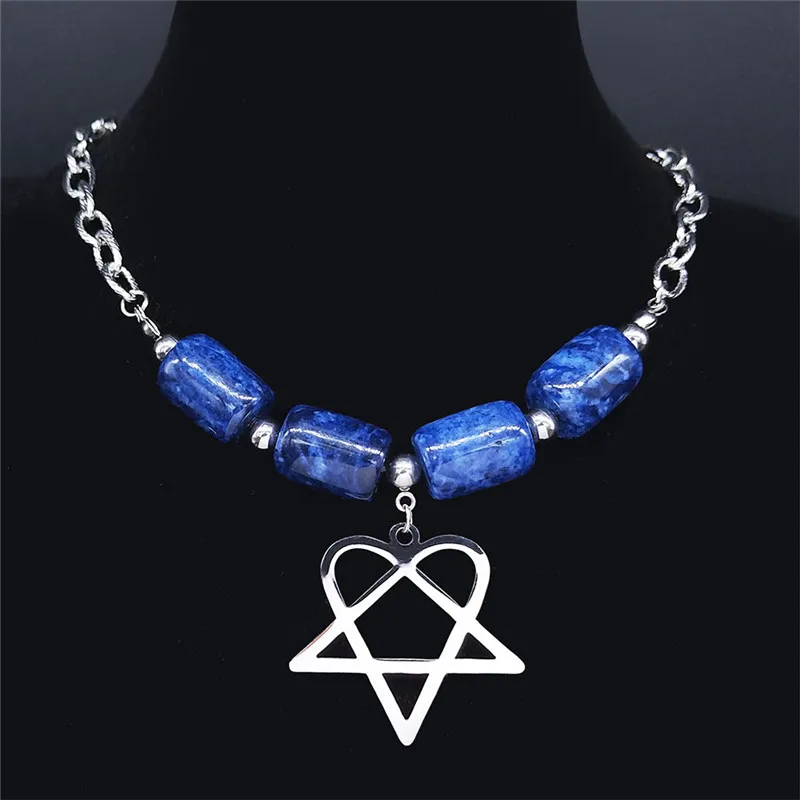 Srce Satan Obrnjenim Pentagram Modra Naravnega Kamna iz Nerjavečega Jekla Verige Ogrlica za Ženske Srebrne Barve Ogrlica Nakit NXS04