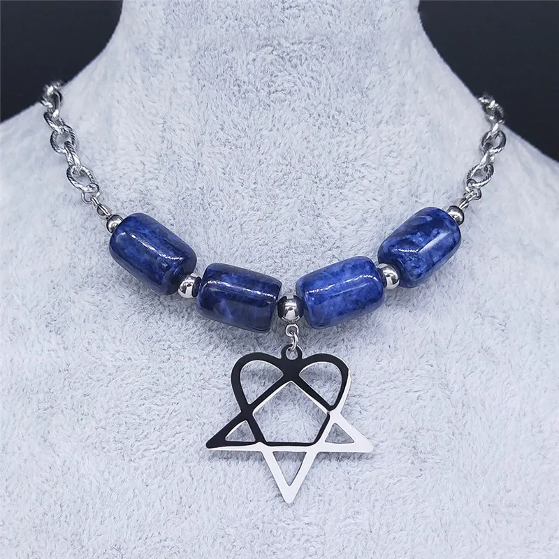Srce Satan Obrnjenim Pentagram Modra Naravnega Kamna iz Nerjavečega Jekla Verige Ogrlica za Ženske Srebrne Barve Ogrlica Nakit NXS04