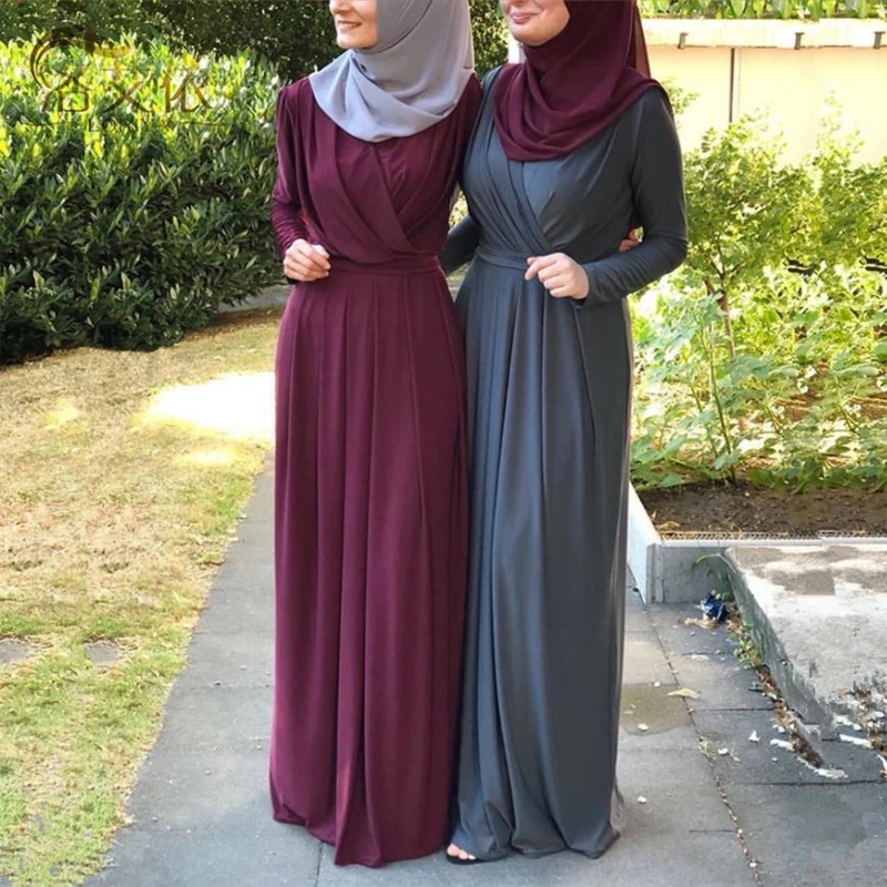 Ženske Muslimanskih Dolg Rokav Abaya Maxi Obleko Ruched Proti-Vrat Obavijen Haljo Dubaj Tam Kaftan