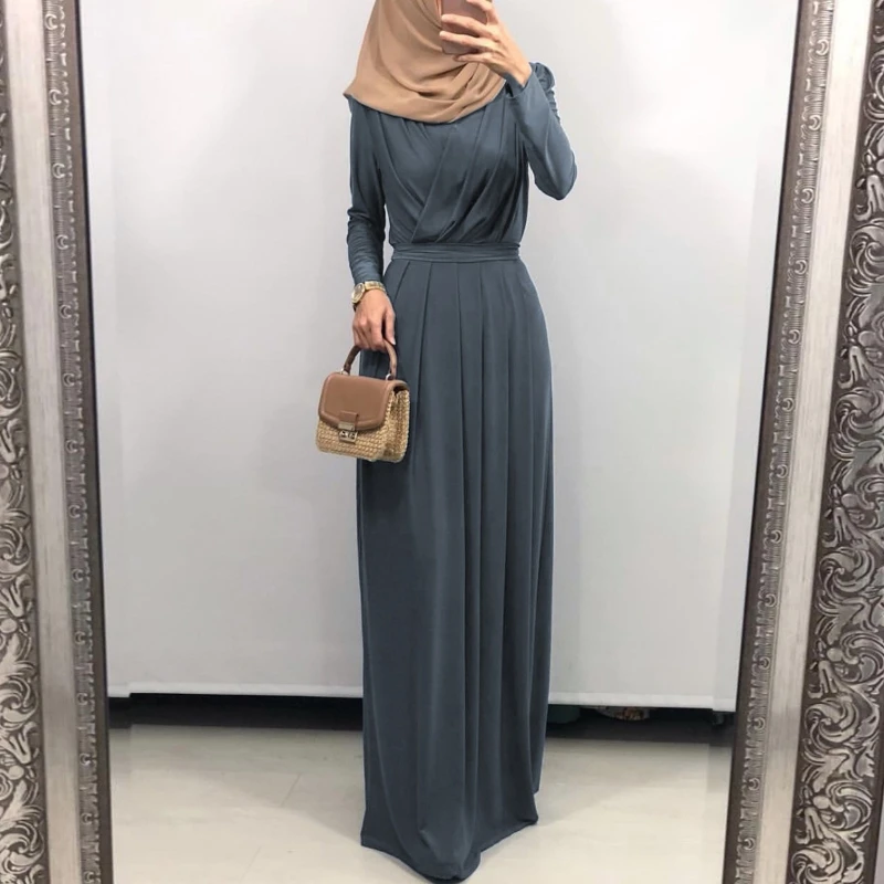 Ženske Muslimanskih Dolg Rokav Abaya Maxi Obleko Ruched Proti-Vrat Obavijen Haljo Dubaj Tam Kaftan