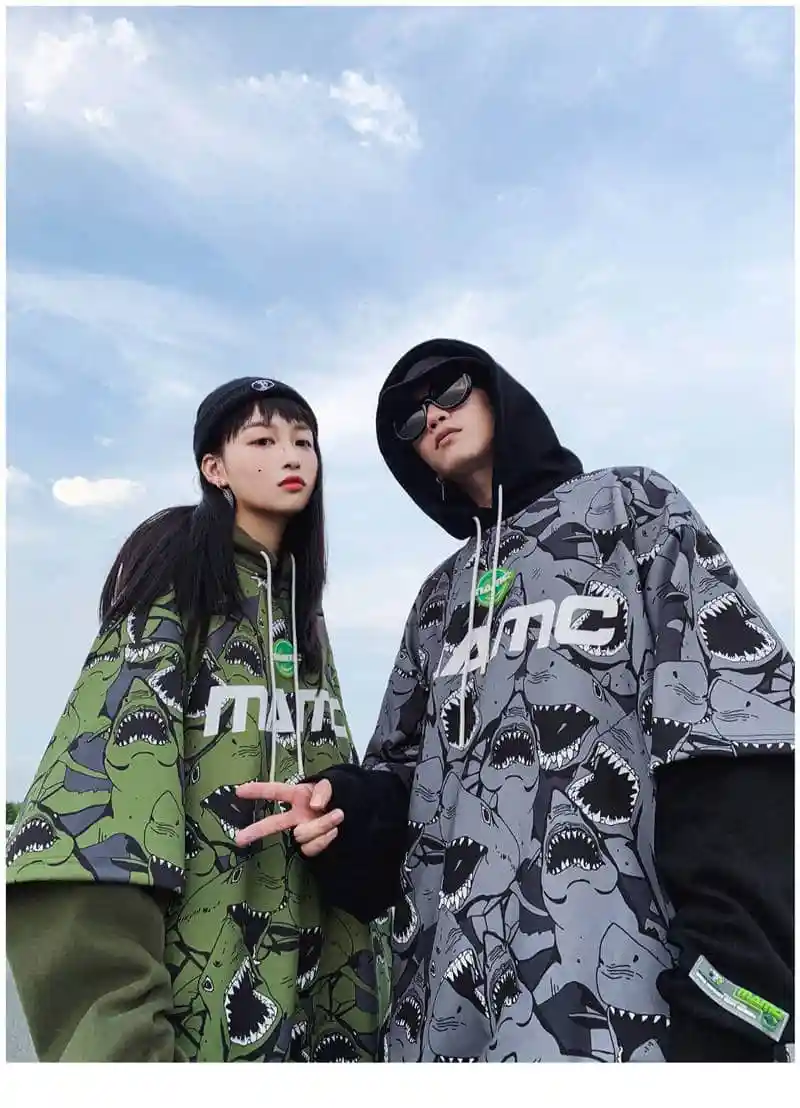 NiceMix Hip Hop Hoodies Ženske Priložnostne Shark Tiskanja Hoodie Sweatshirts Smešno Ulične Svoboden Hoodies Moških High Street Japonska vrhovi