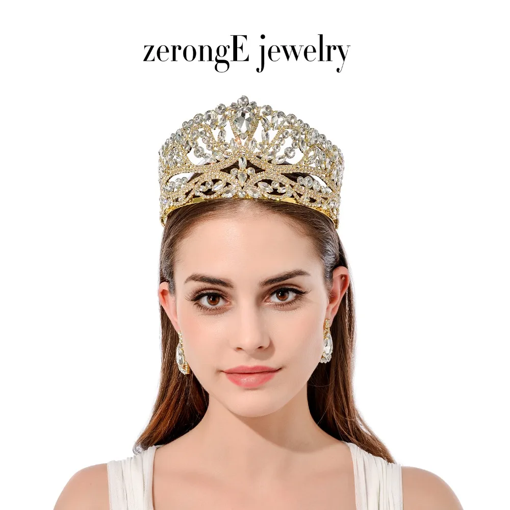 Luksuzni Veliko Poročno Pageant zlato Tiara krono z uhan ujemanje Kristalno Poročne pageant Krono in tiaras za ženske