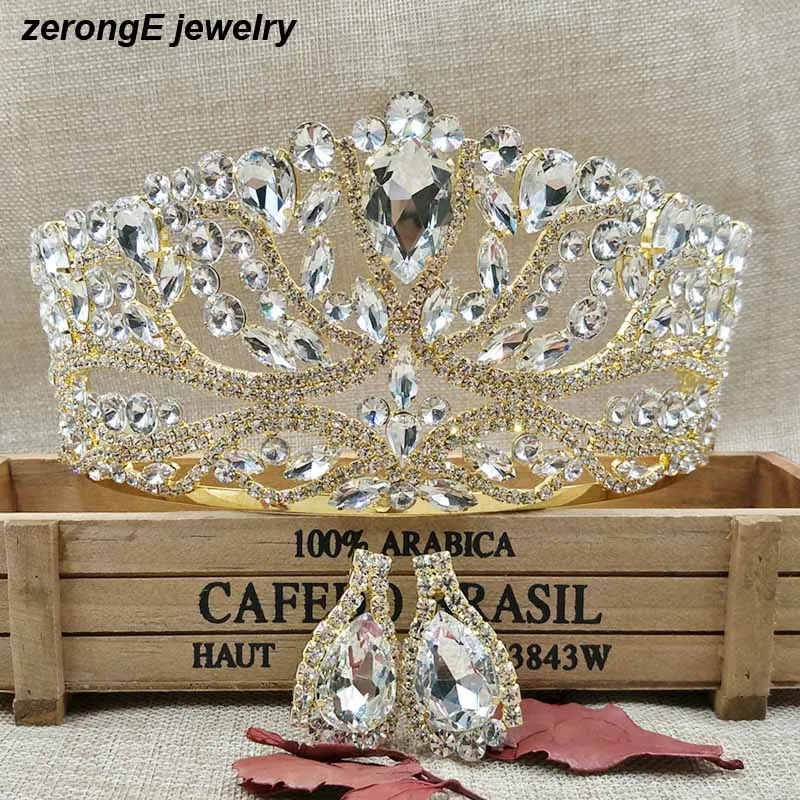Luksuzni Veliko Poročno Pageant zlato Tiara krono z uhan ujemanje Kristalno Poročne pageant Krono in tiaras za ženske