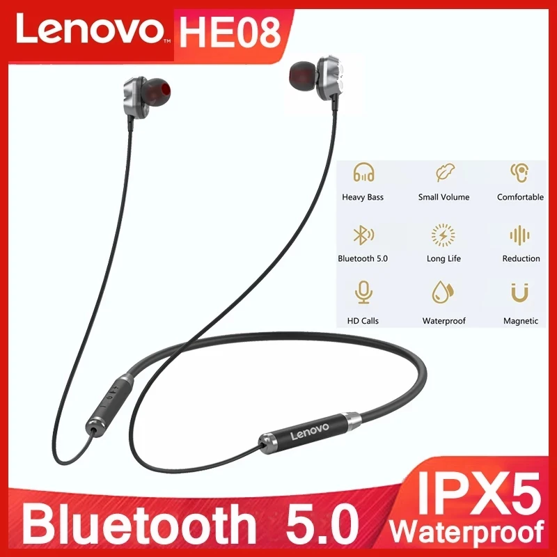 Novi Originalni Lenovo HE08 HI-fi Stereo Slušalke 4 Zvočniki z Dvojno Dinamično Brezžično Slušalko Bluetooth 5.0 Neckband Športno Vožnjo